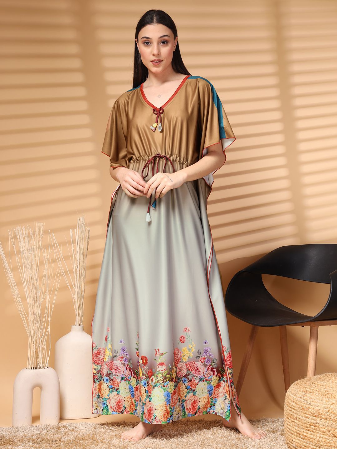 

FABINALIV Printed Maxi Nightdress, Brown