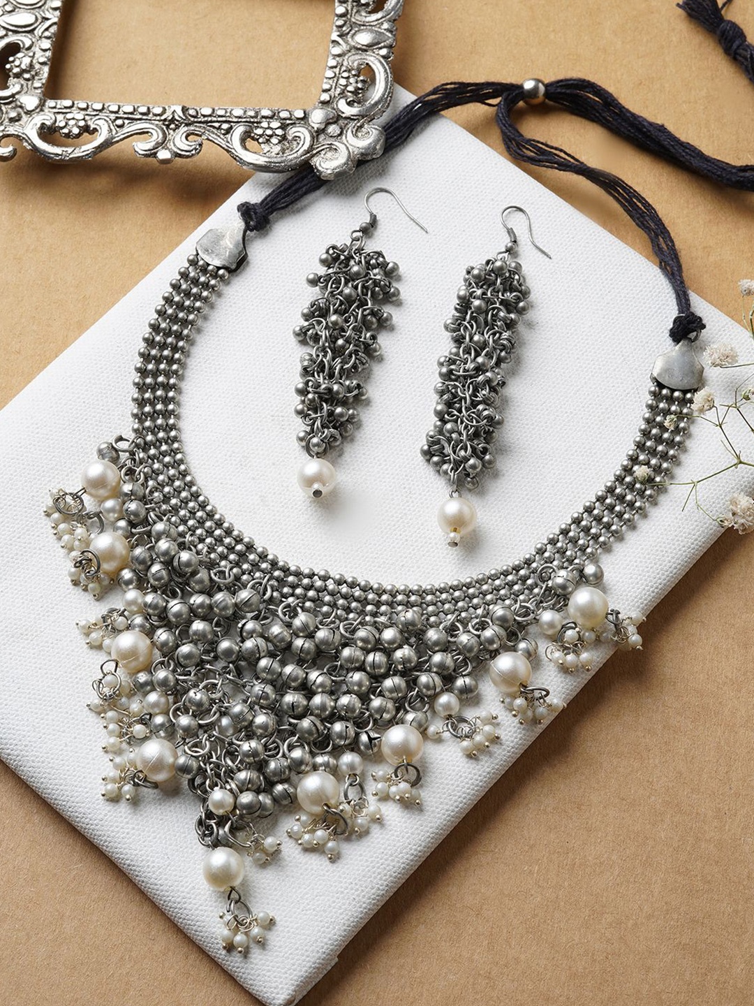 

TEEJH Pearl Beaded Oxidised Jewellery Set, Silver