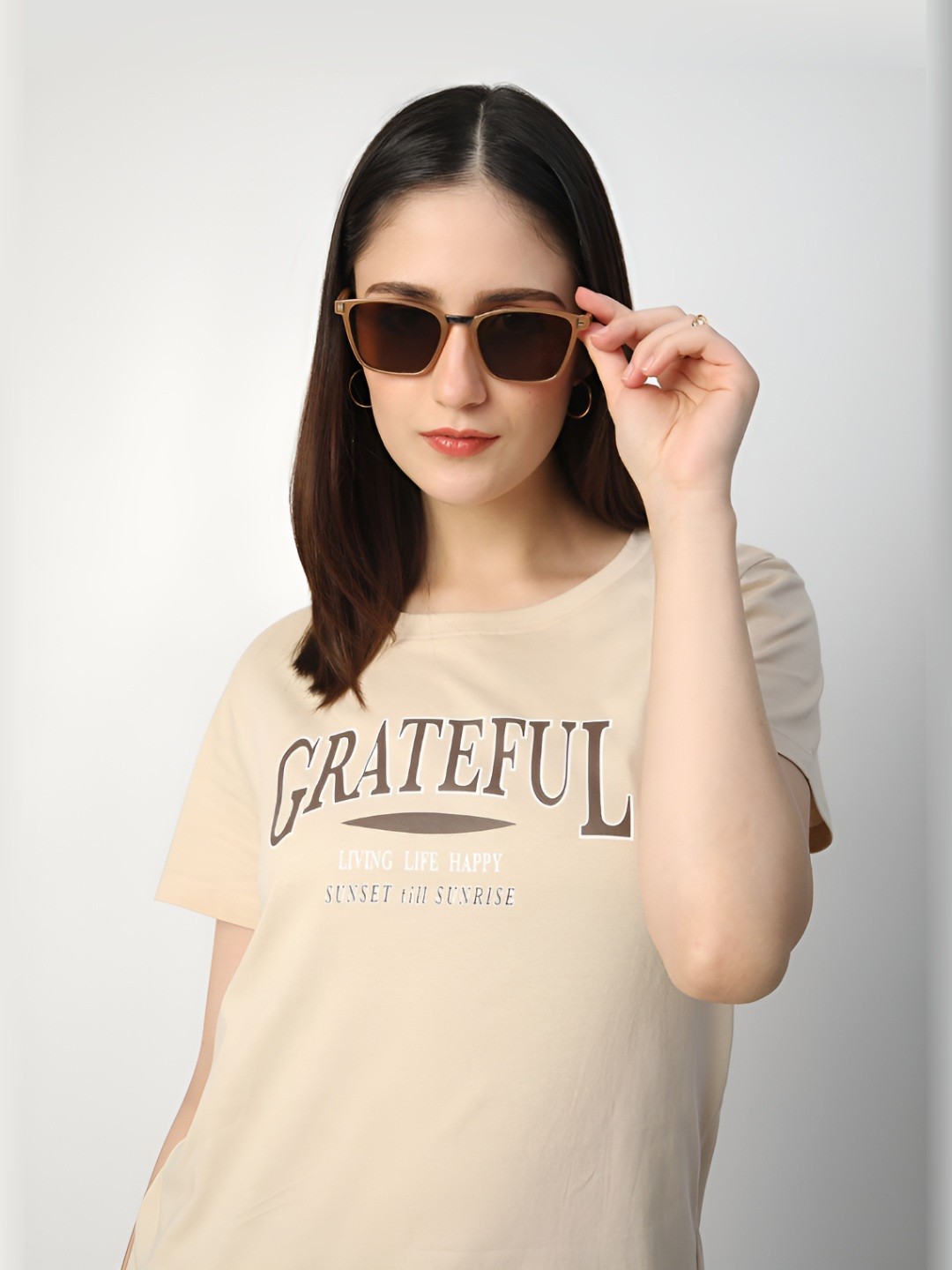 

R&B Women Typography Printed Round Neck Cotton T-Shirt, Beige
