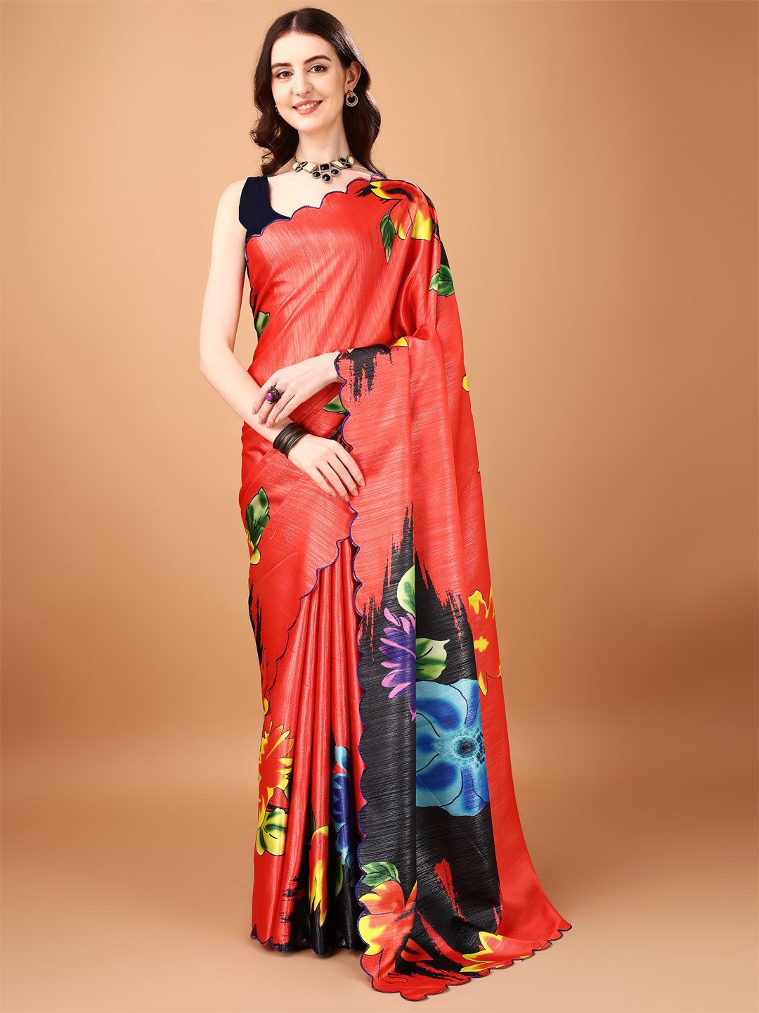 

KAZIA Floral Embroidered Satin Banarasi Saree, Red