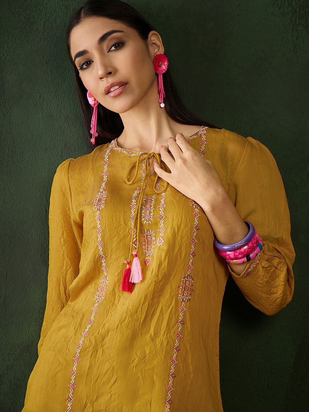 

Sangria Embroidered A-Line Tops, Mustard