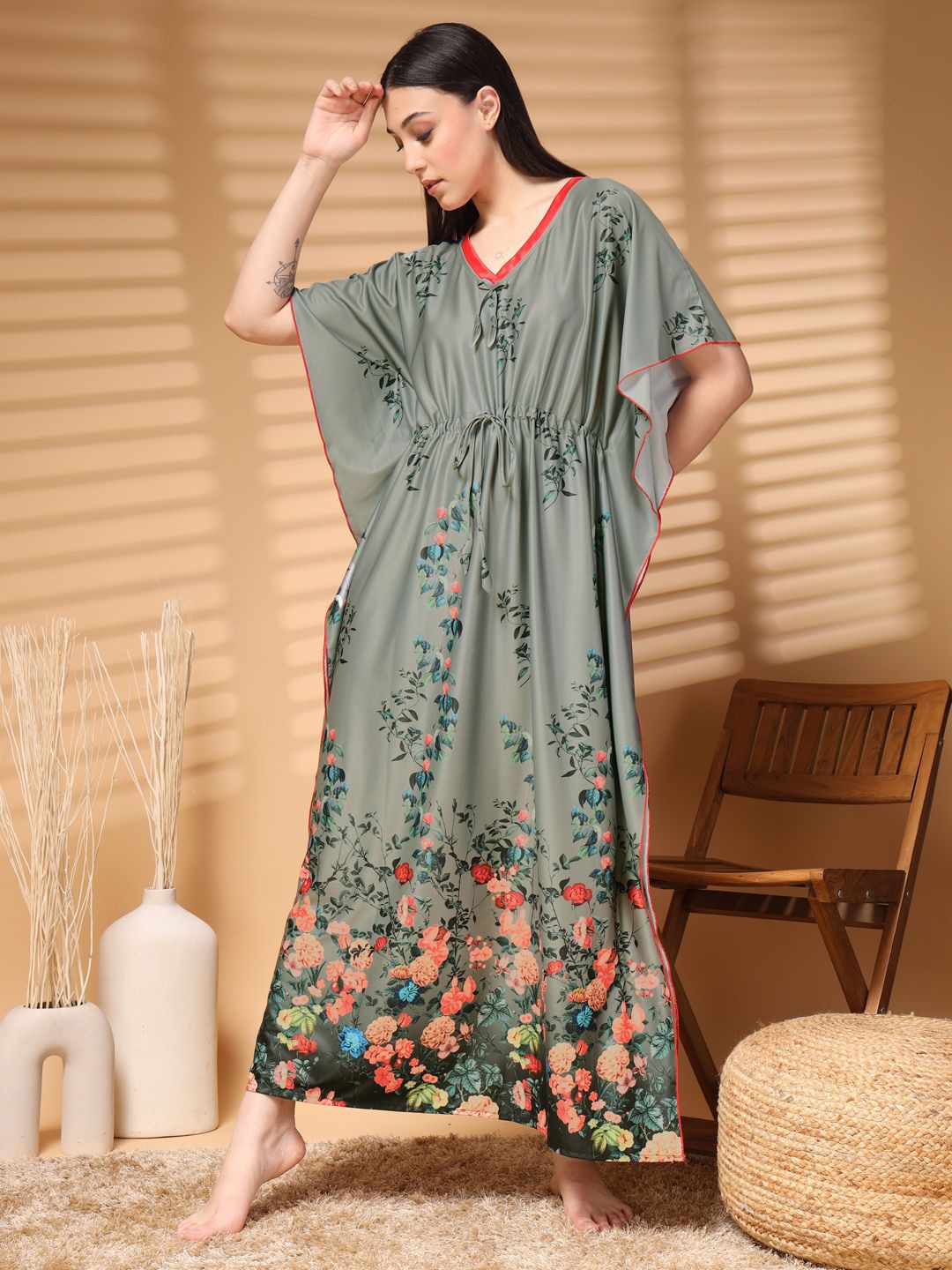 

FABINALIV Printed Maxi Nightdress, Grey