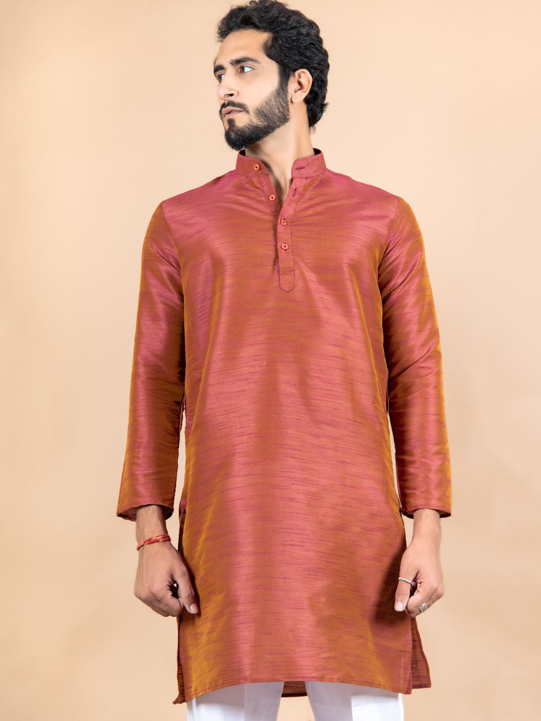 

Tistabene Woven Design Mandarin Collar Silk Straight Kurta, Maroon