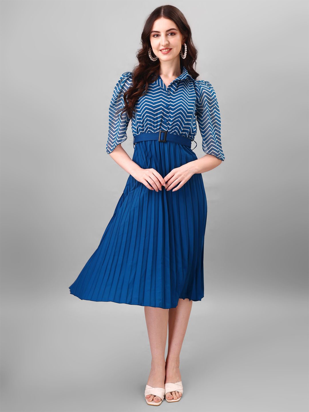 

Femvy Printed Puff Sleeve Georgette Fit & Flare Dress, Blue