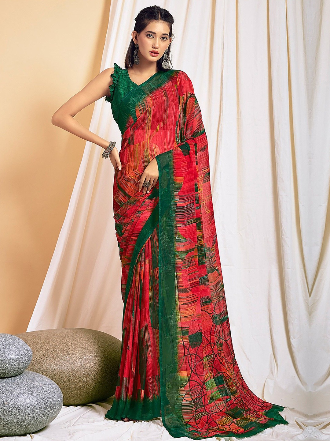 

KALINI Poly Chiffon Saree, Red