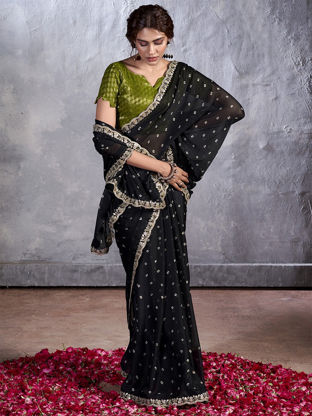 

KALINI Bandhani Sequinned Poly Chiffon Saree, Black