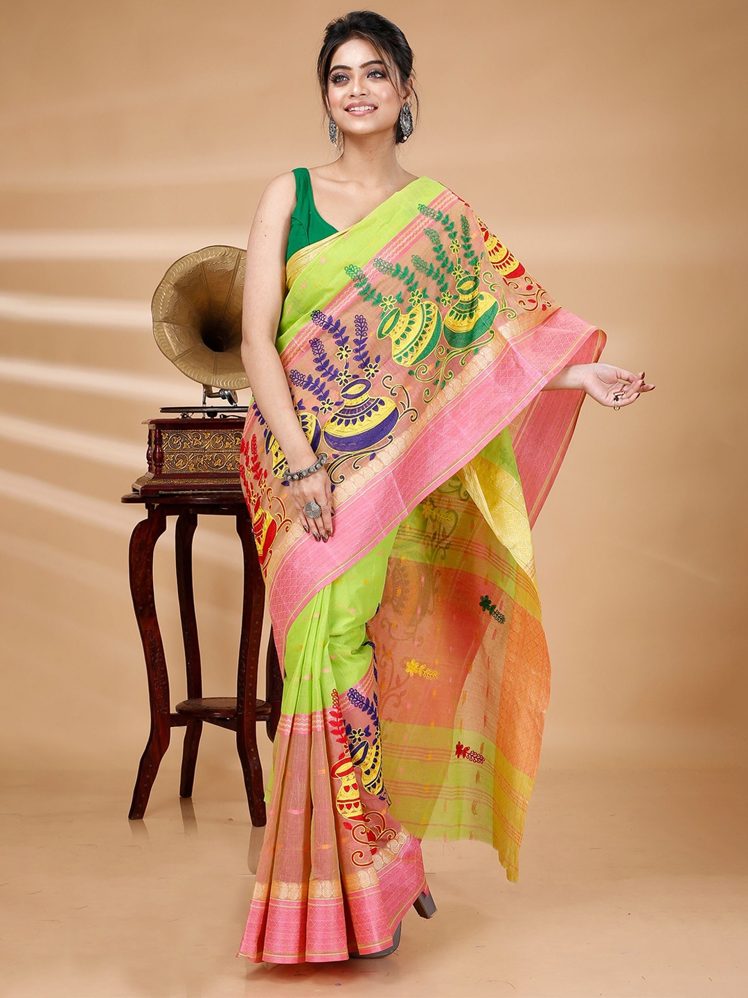 

PuJoy Ethnic Motifs Zari Pure Cotton Taant Saree, Green