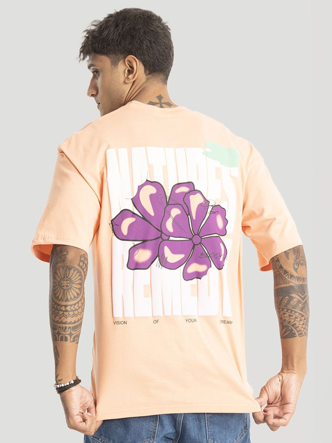 

Snitch Men Printed Drop-Shoulder Sleeves T-shirt, Peach