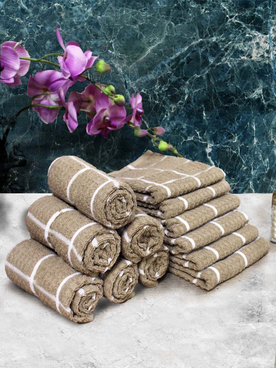 

Aura Brown & White 12 Pieces Checked Pure Cotton 150 GSM Hand Towels, Beige