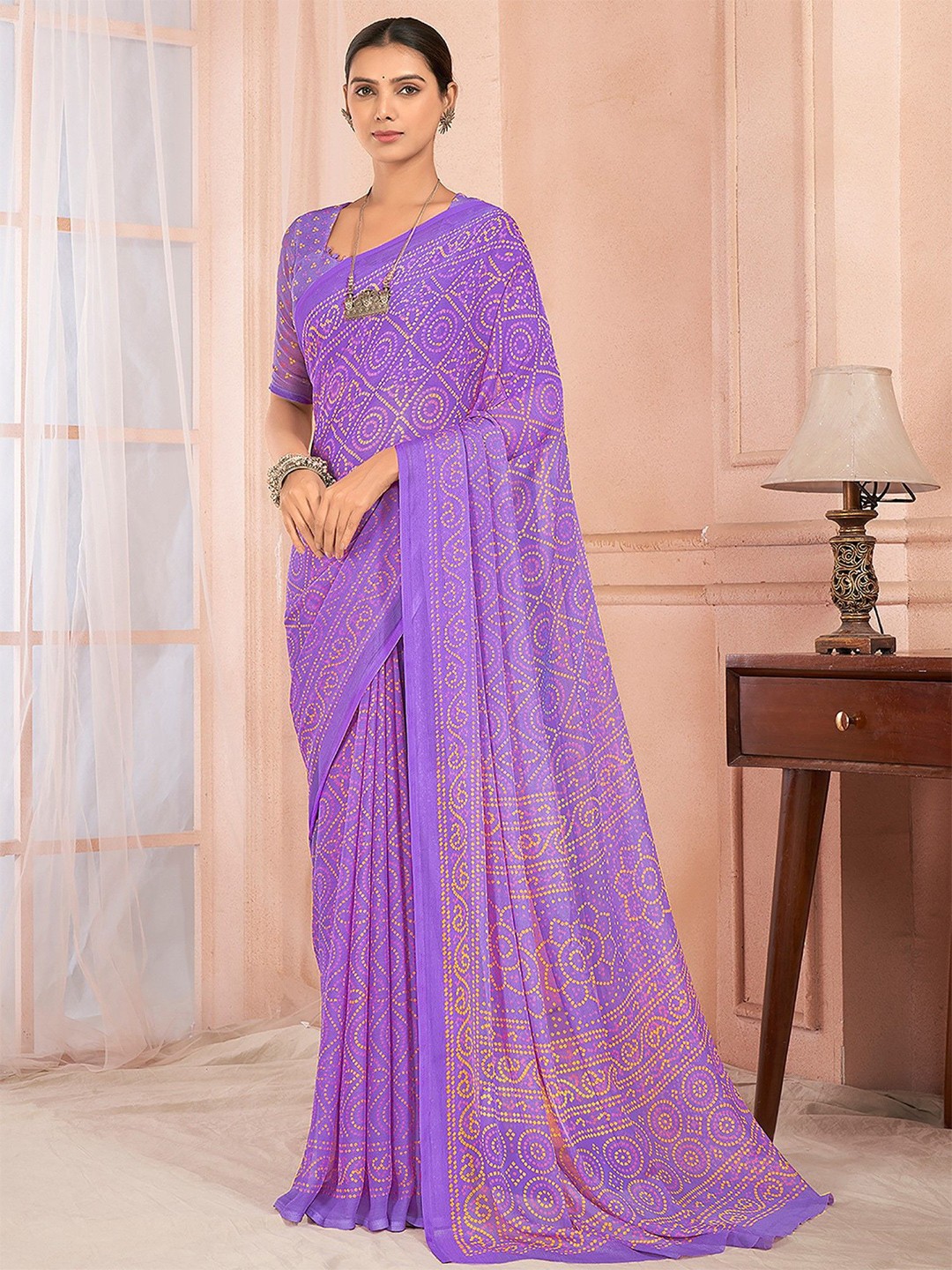 

Panzora Bandhani Poly Chiffon Saree, Purple