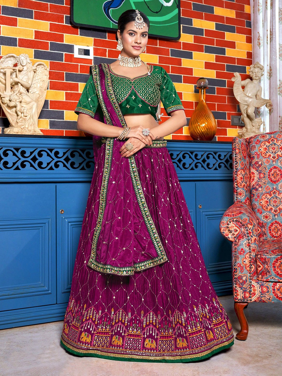 

VARNI FABRICS Embroidered Semi-Stitched Lehenga & Unstitched Blouse With Dupatta, Purple