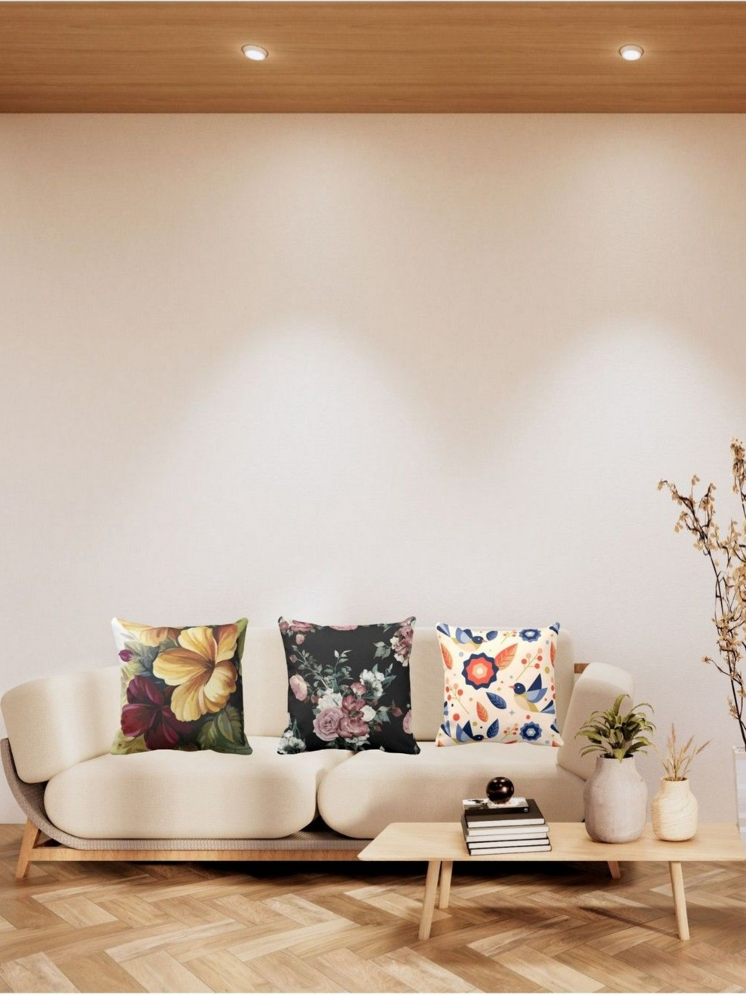 

THEYAYACAFE 3 Pieces Black & Cream-Coloured Floral Velvet Square Cushion Covers