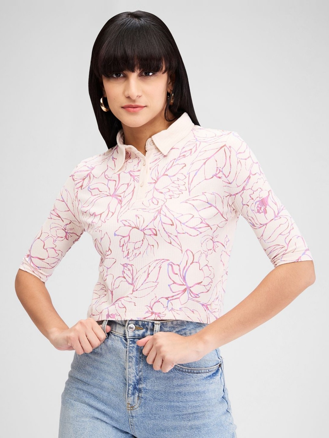 

SPYKAR Women Floral Printed Polo Collar Tropical Slim Fit T-shirt, White