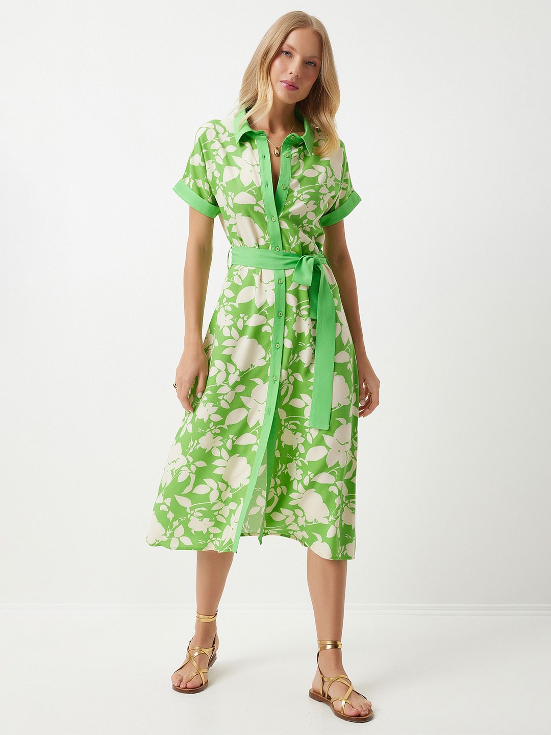 

Happiness istanbul Floral Printed Shirt Midi Dress, Green