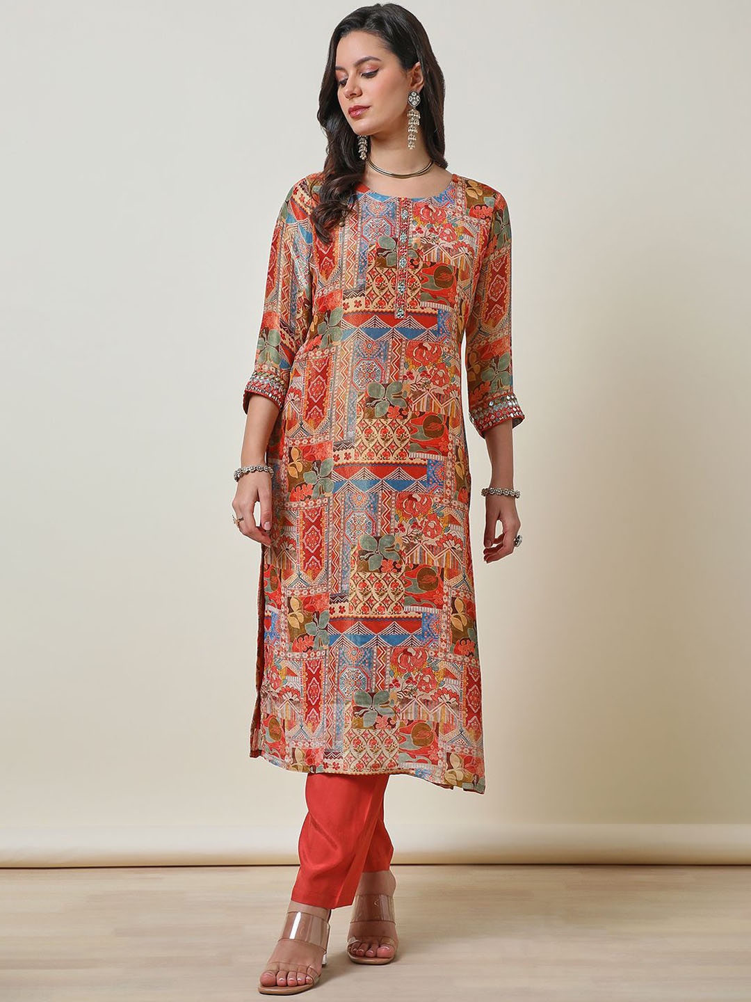 

Soch Ethnic Motifs Printed Mirror Work Tissue Straight Kurta With Trouser, Red