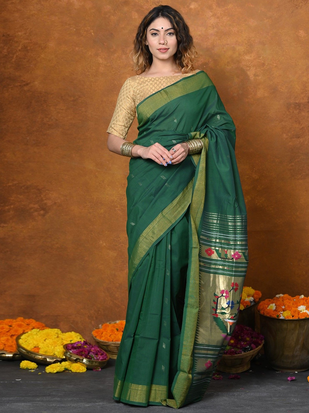 

Very Much Indian Ethnic Motifs Zari Pure Cotton Paithani Saree, Green