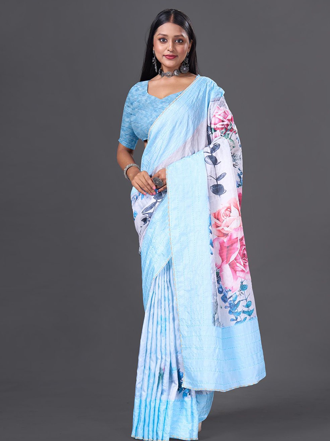 

HEER FASHION Floral Embroidered Silk Blend Tussar Saree, Blue