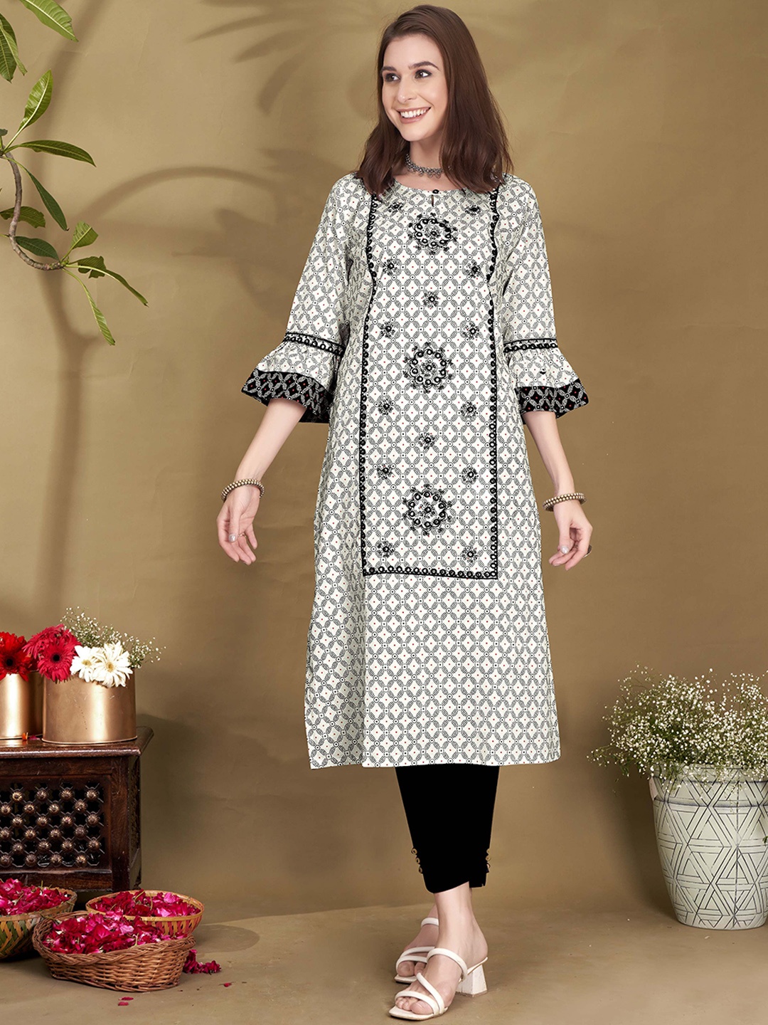 

Anouk Geometric Printed Bell Sleeves Mirror Work Pure Cotton Straight Kurta, White