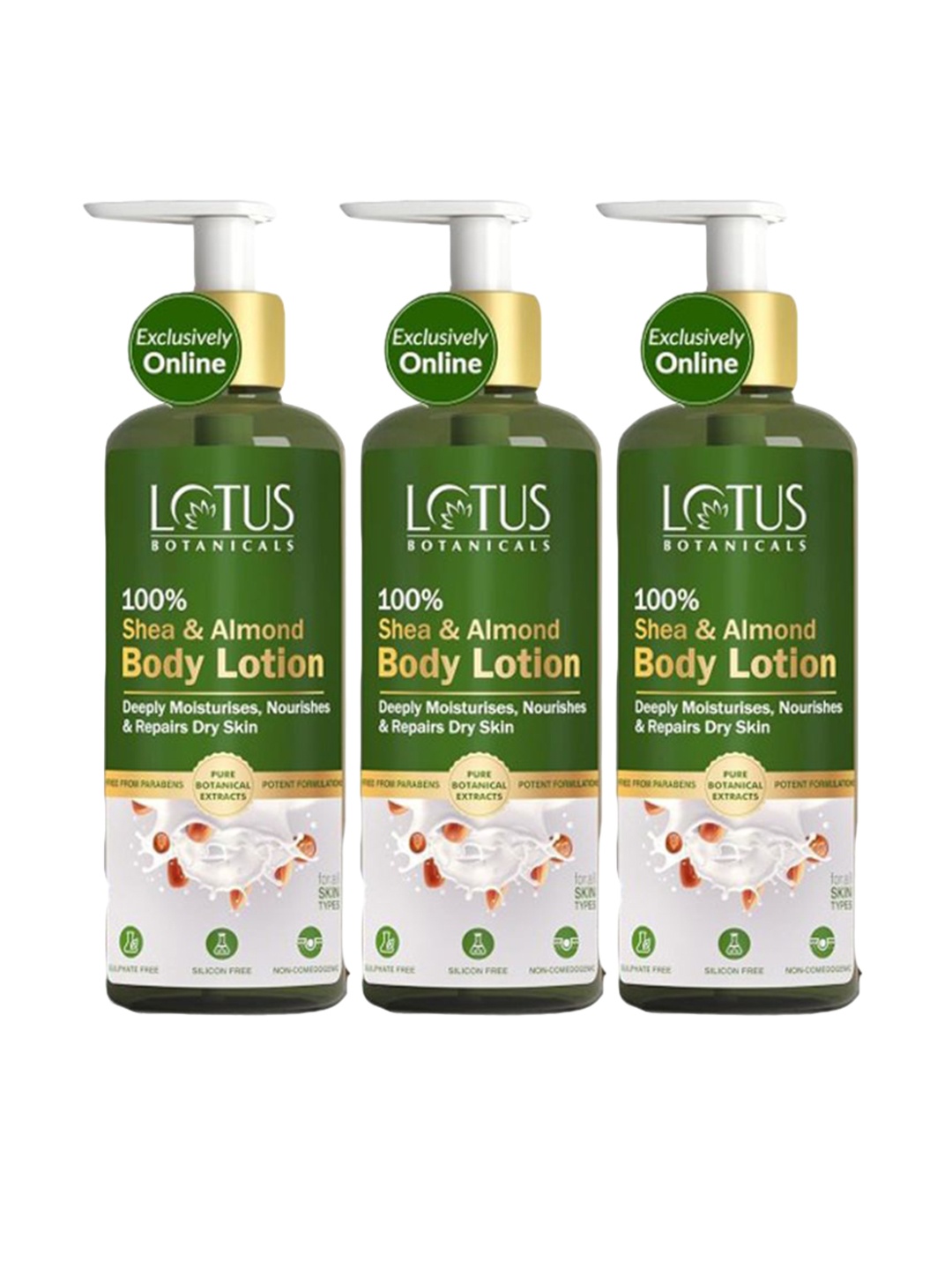

Lotus Organics+ Set Of 3 100% Shea & Almond Body Lotion- 280ml Each, Green
