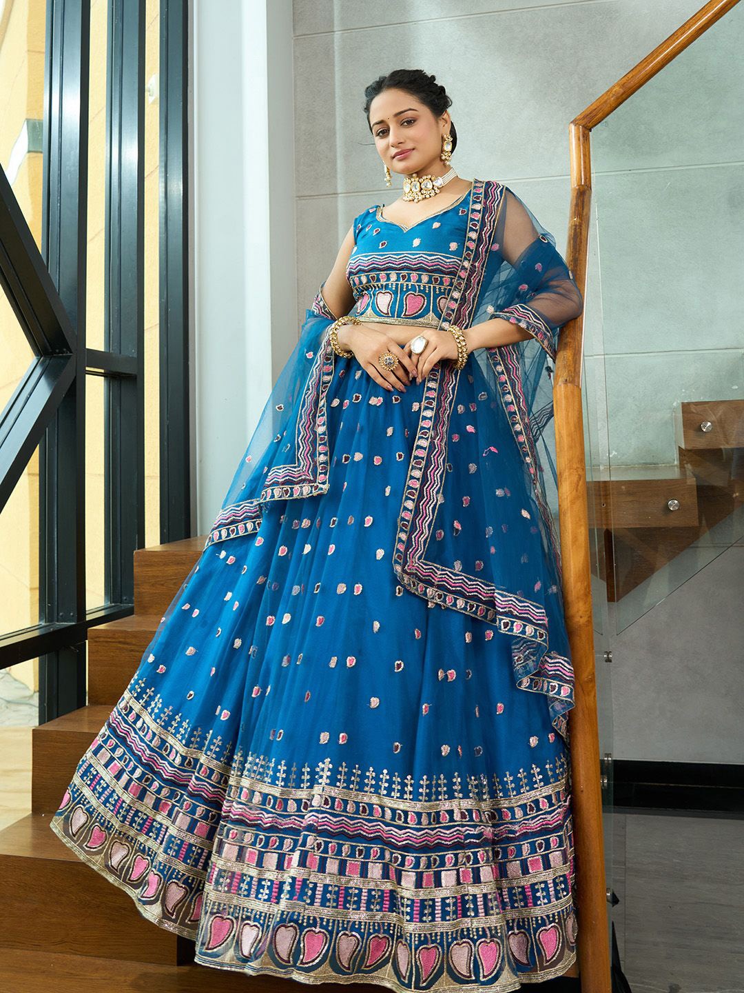 

Warthy Ent Embroidered Sequinned Semi-Stitched Lehenga & Unstitched Blouse With Dupatta, Turquoise blue