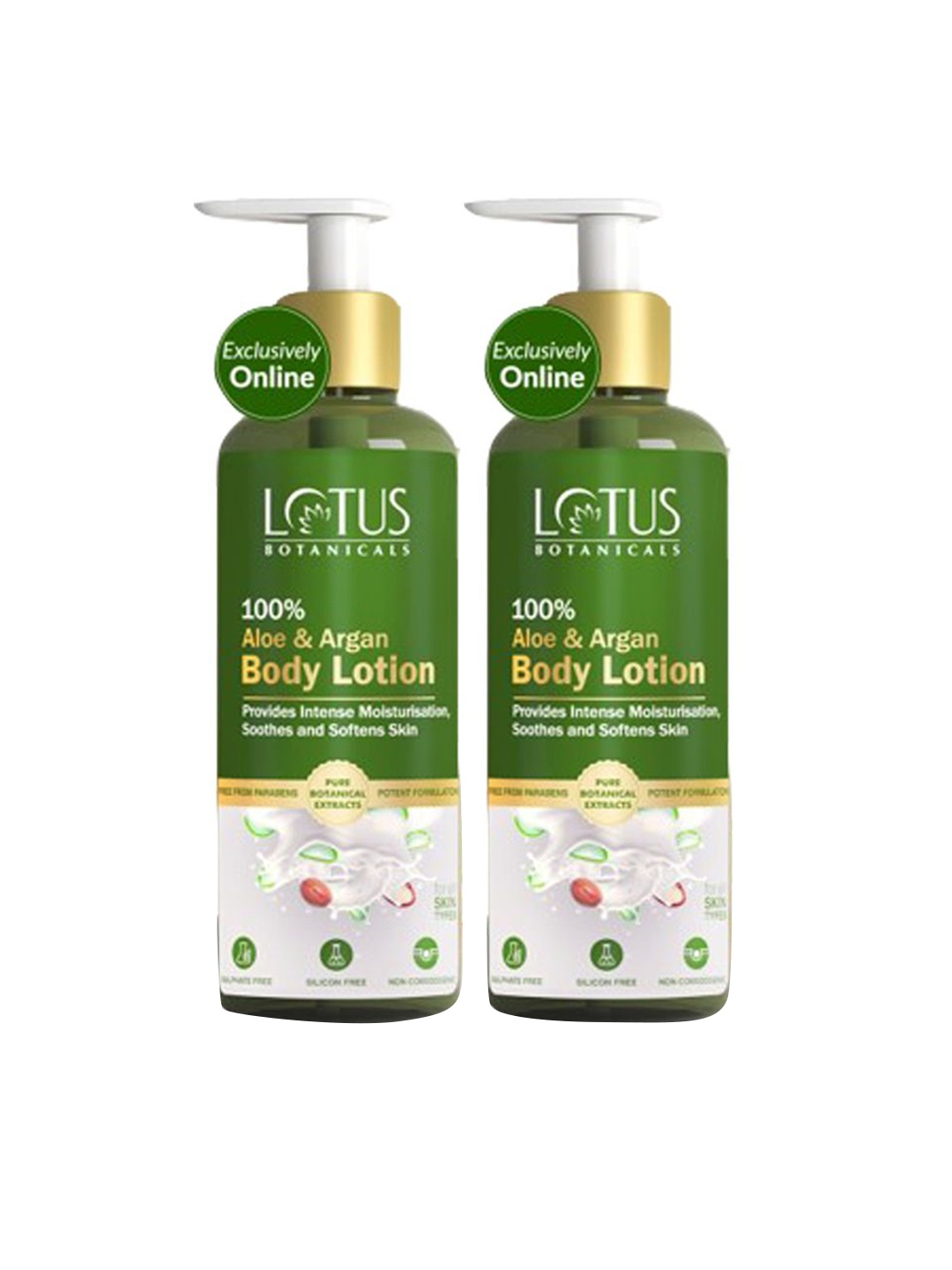 

Lotus Organics+ Set Of 2 100% Aloe & Argan Body Lotion-280ml Each, Green