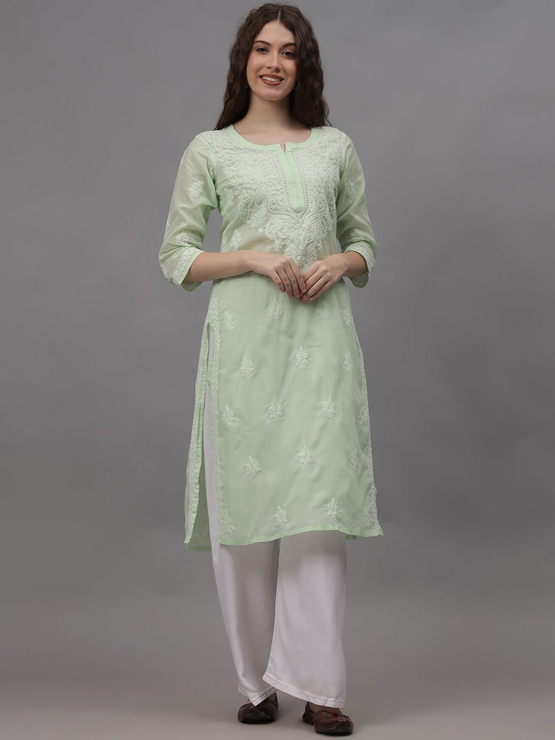 

Seva Chikan Ethnic Motifs Embroidered Chikankari Straight Kurta, Green