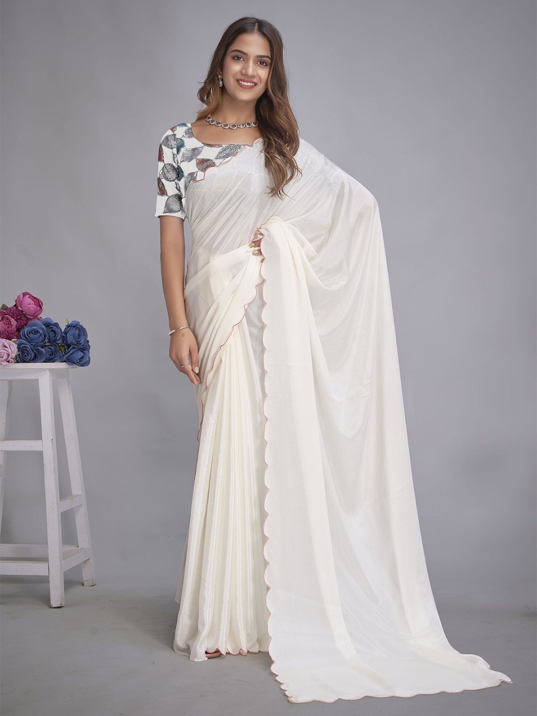

Aika Solid Pure Chiffon Saree With Embroidered Border, White