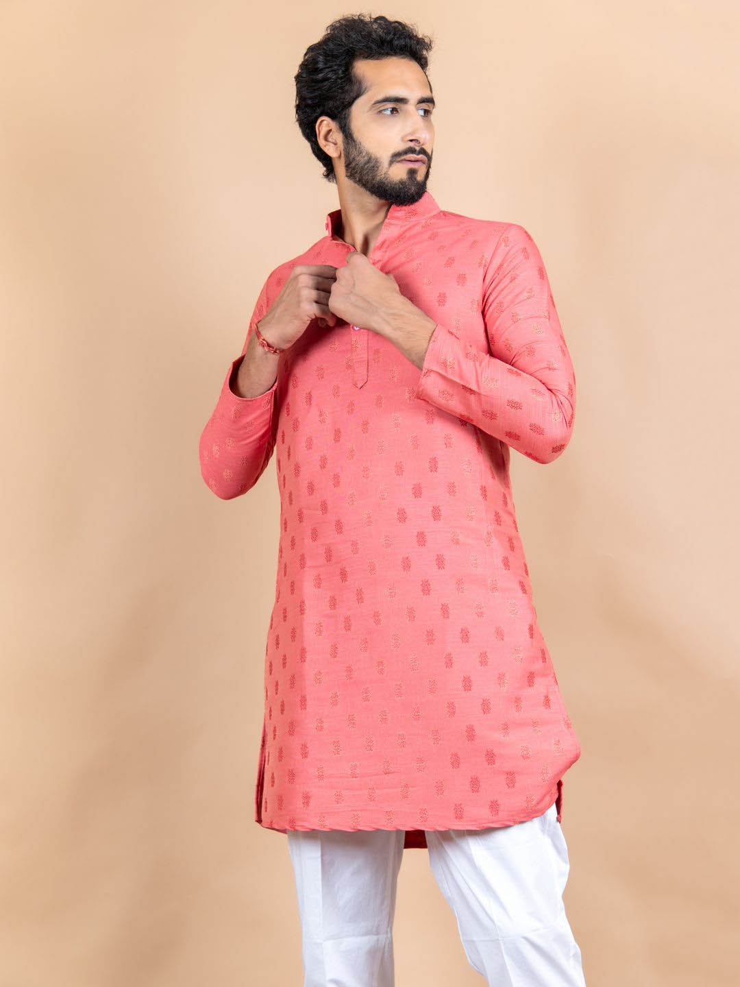 

Tistabene Floral Woven Design Mandarin Collar Cotton Silk Straight Kurta, Pink