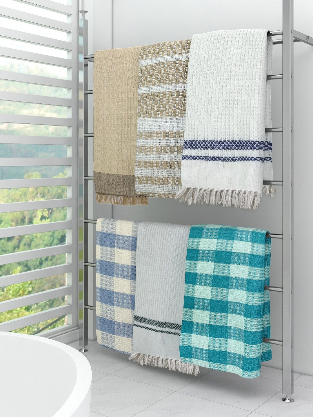 

Aura Green & White 5 Pieces Checked Cotton 210 GSM Bath Towel