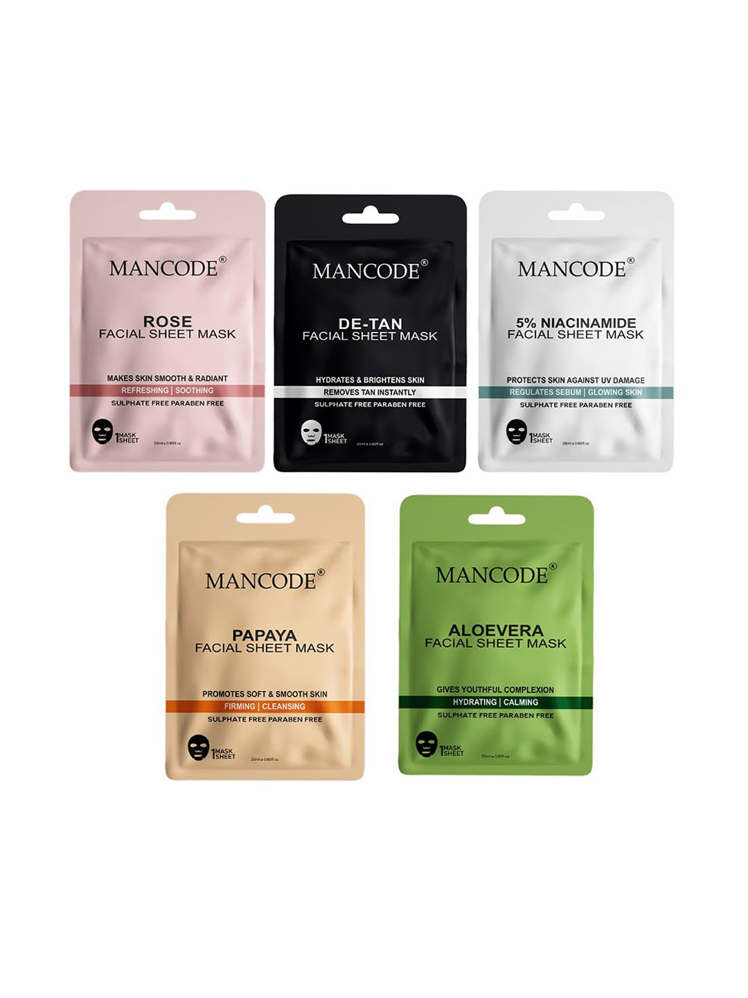 

MANCODE Set Of 5 Facial Sheet Mask- 25ml Each, Multi