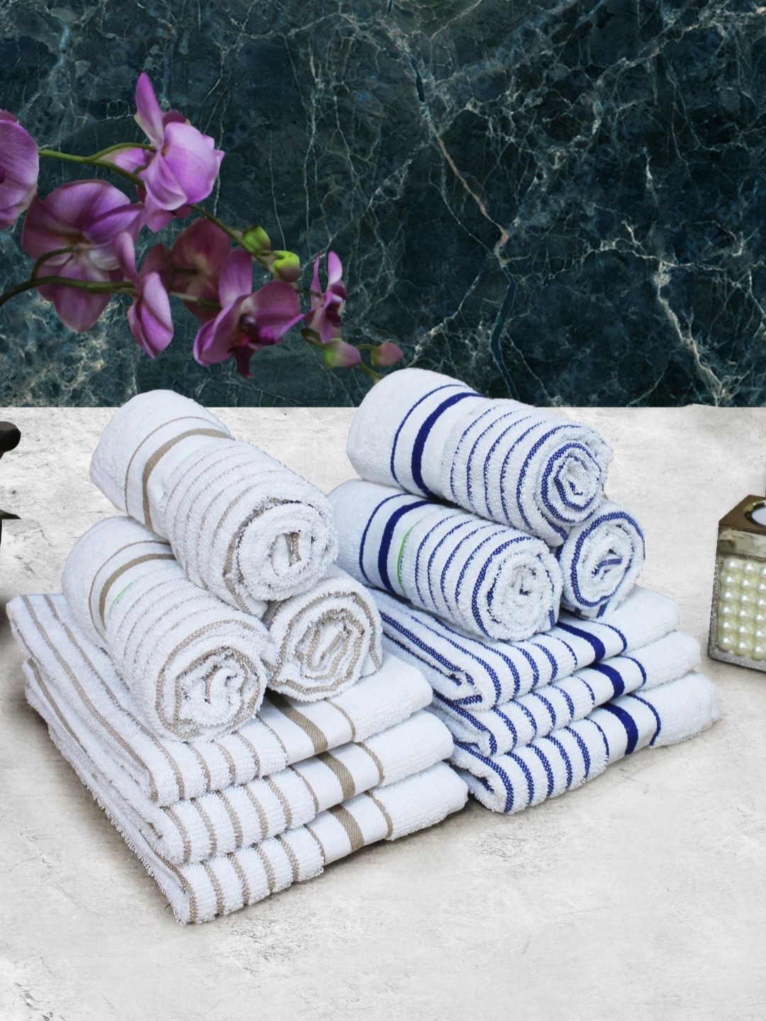 

Aura White & Blue 12 Pieces Striped Pure Cotton Hand Towels