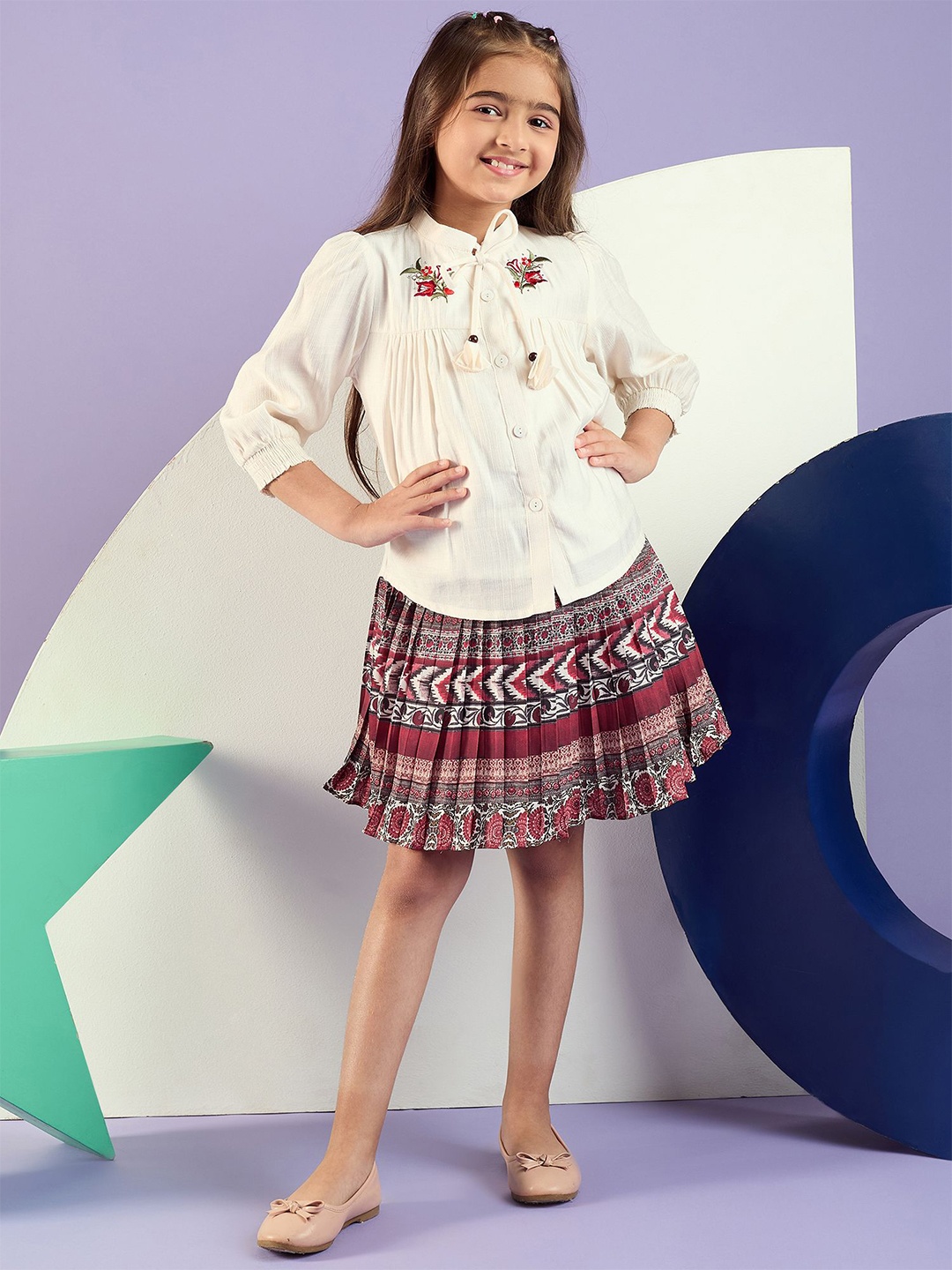 

Peppermint Girls Printed Top with Skirt, Maroon