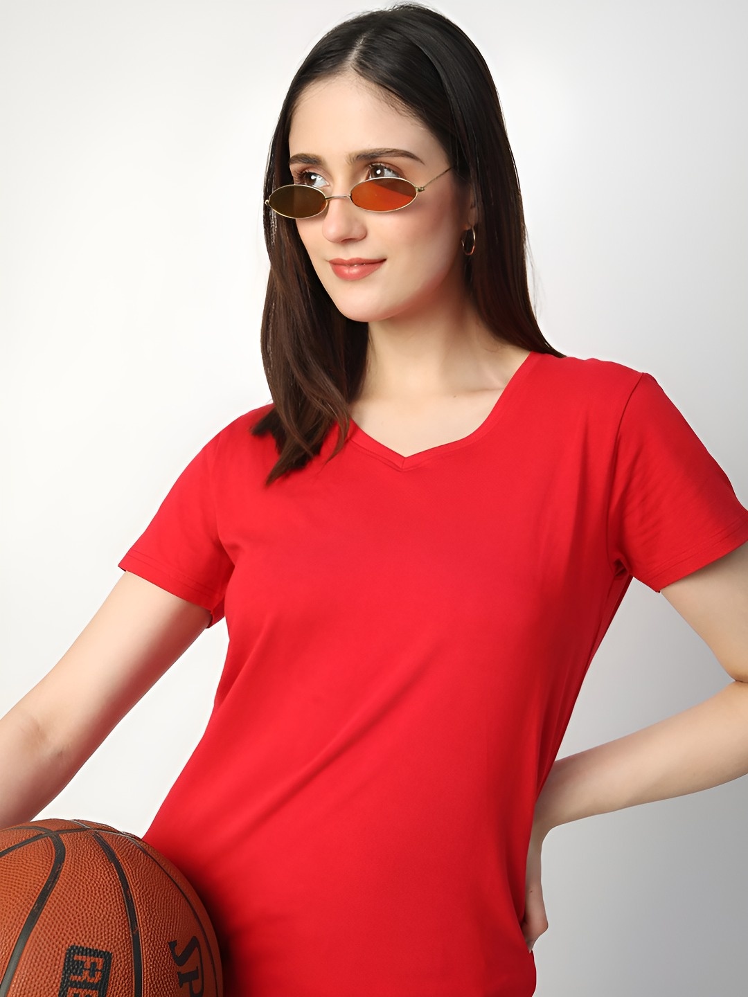

R&B Women Solid V-Neck Cotton T-Shirt, Red