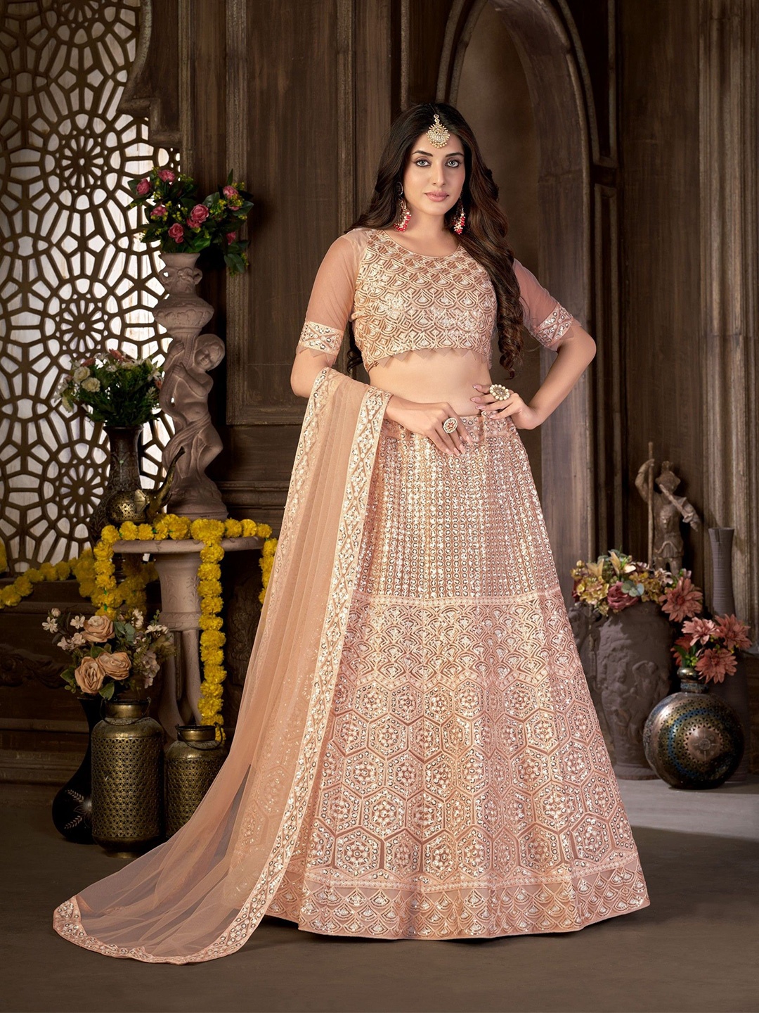 

VARNI FABRICS Embroidered Semi-Stitched Lehenga & Unstitched Blouse With Dupatta, Peach