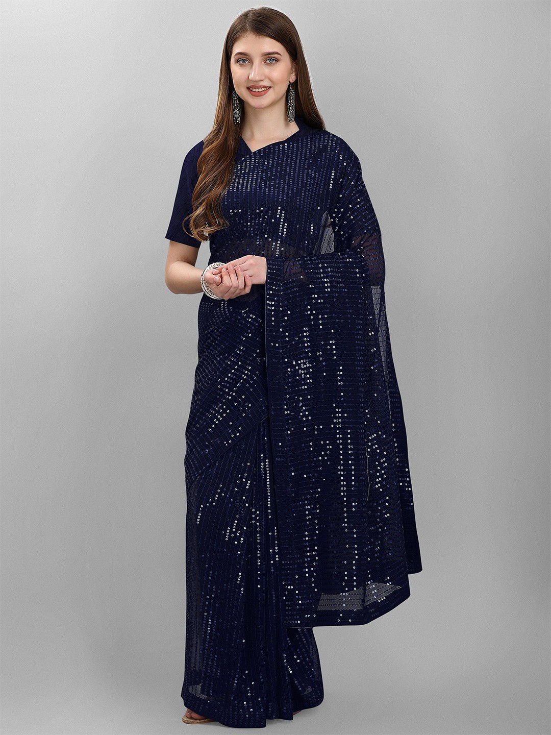

Anouk Striped Sequinned Saree, Navy blue