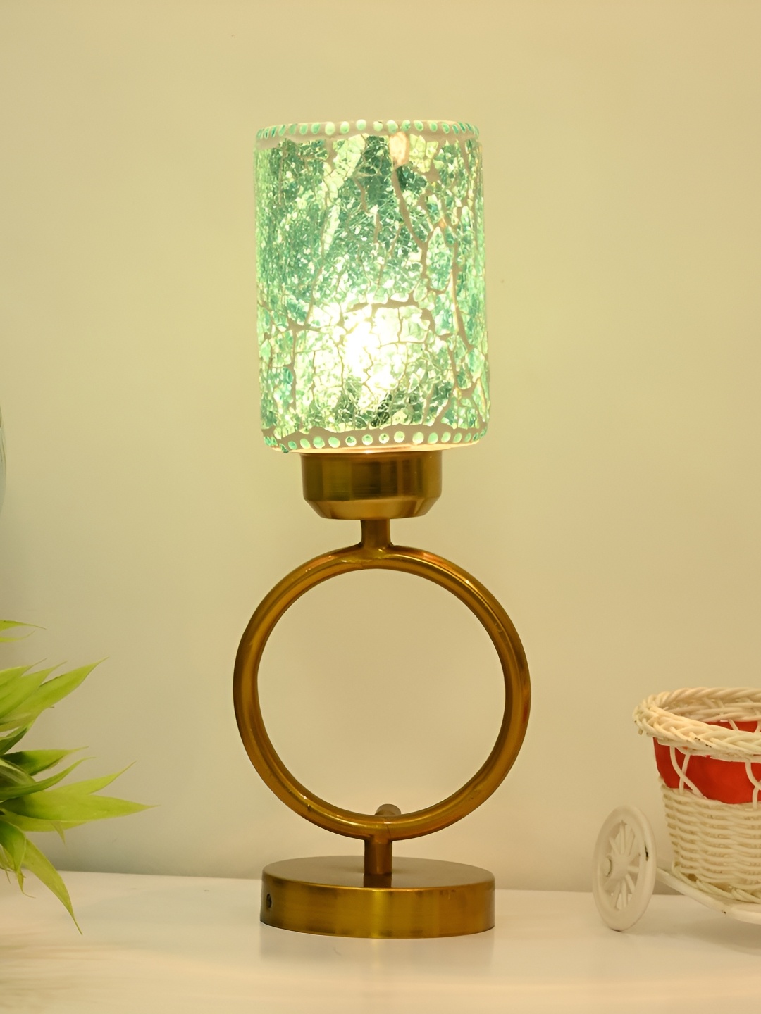 

Afast Sea Green & White Textured Traditional Cylindrical Glass Table Lamp