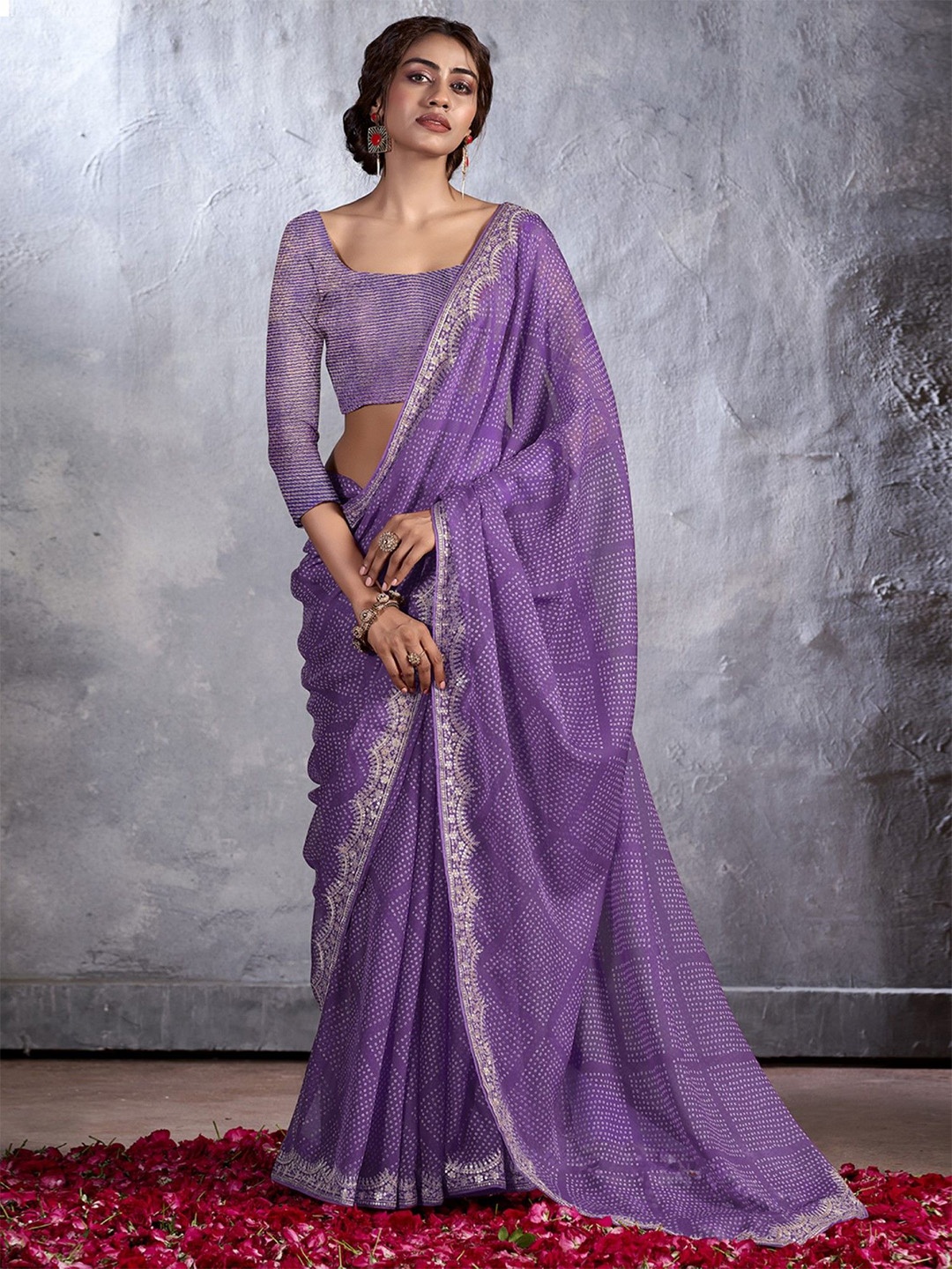

Panzora Bandhani Sequinned Poly Chiffon Saree, Purple