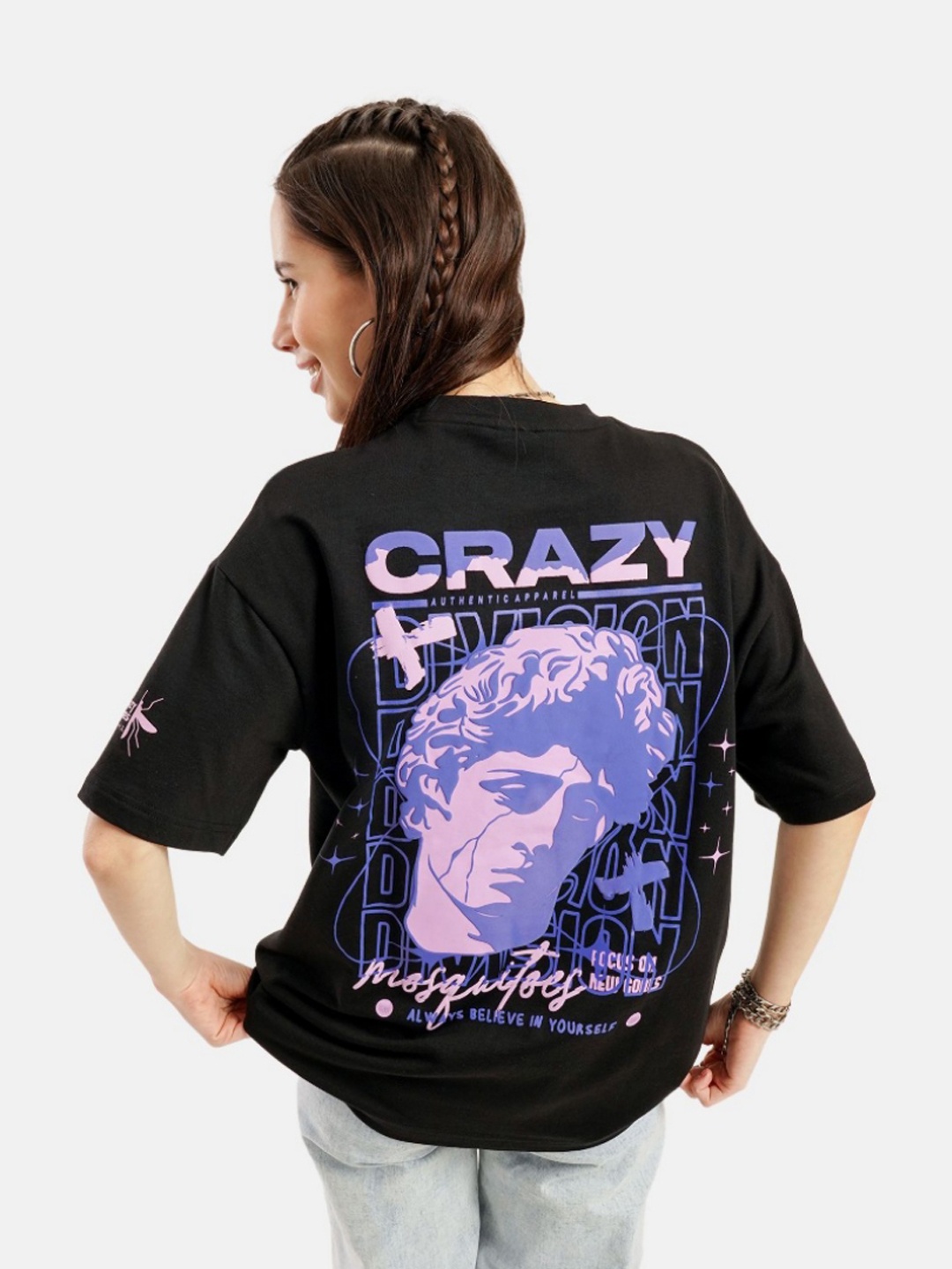

Crazy Mosquitoes Women V-Neck Extended Sleeves Applique T-shirt, Black