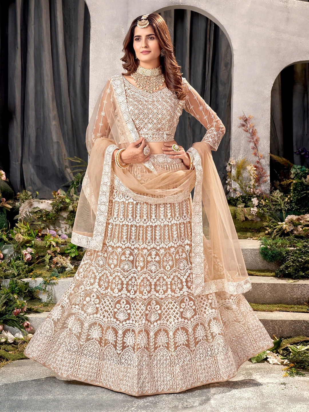 

VARNI FABRICS Embroidered Semi-Stitched Lehenga & Unstitched Blouse With Dupatta, Peach