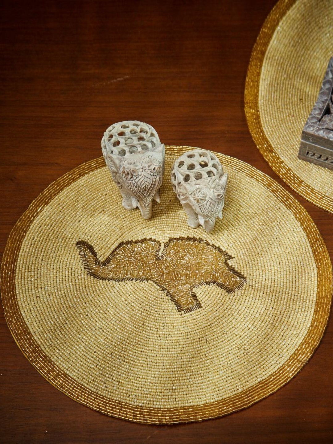 

MAATIR DESIGNS Beige Embellished Beaded Dining Table Placemats, Gold