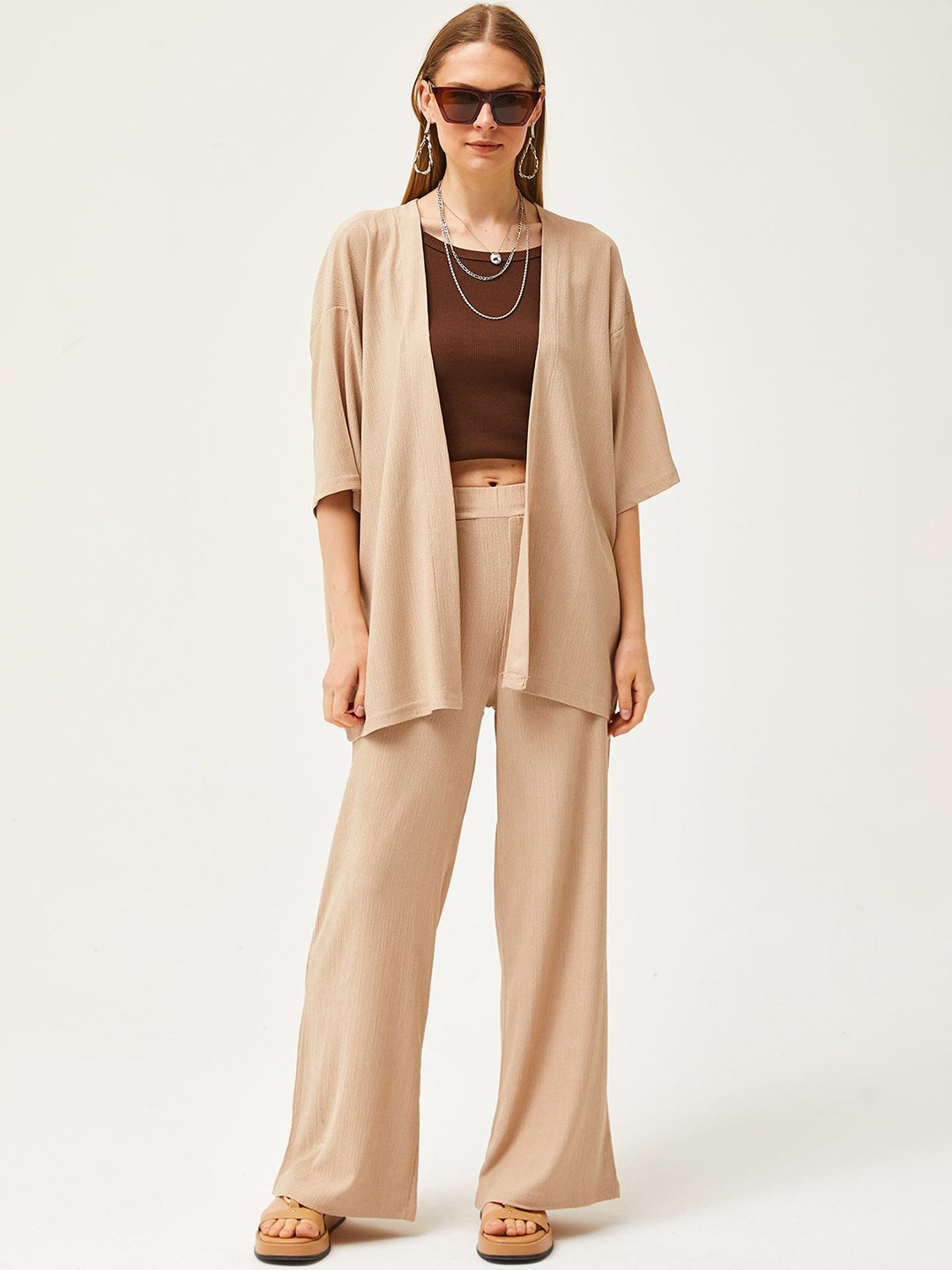 

Olalook Open Front Shrug With Trousers, Brown