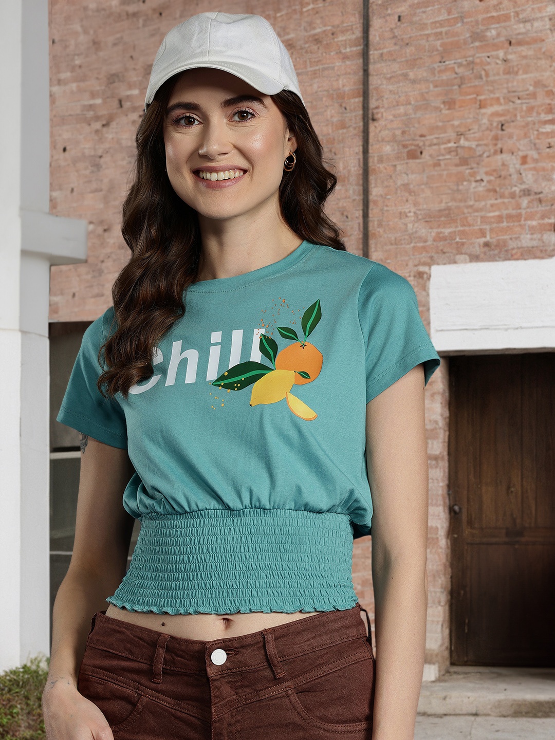 

Mast & Harbour Printed Smocked Blouson Top, Sea green