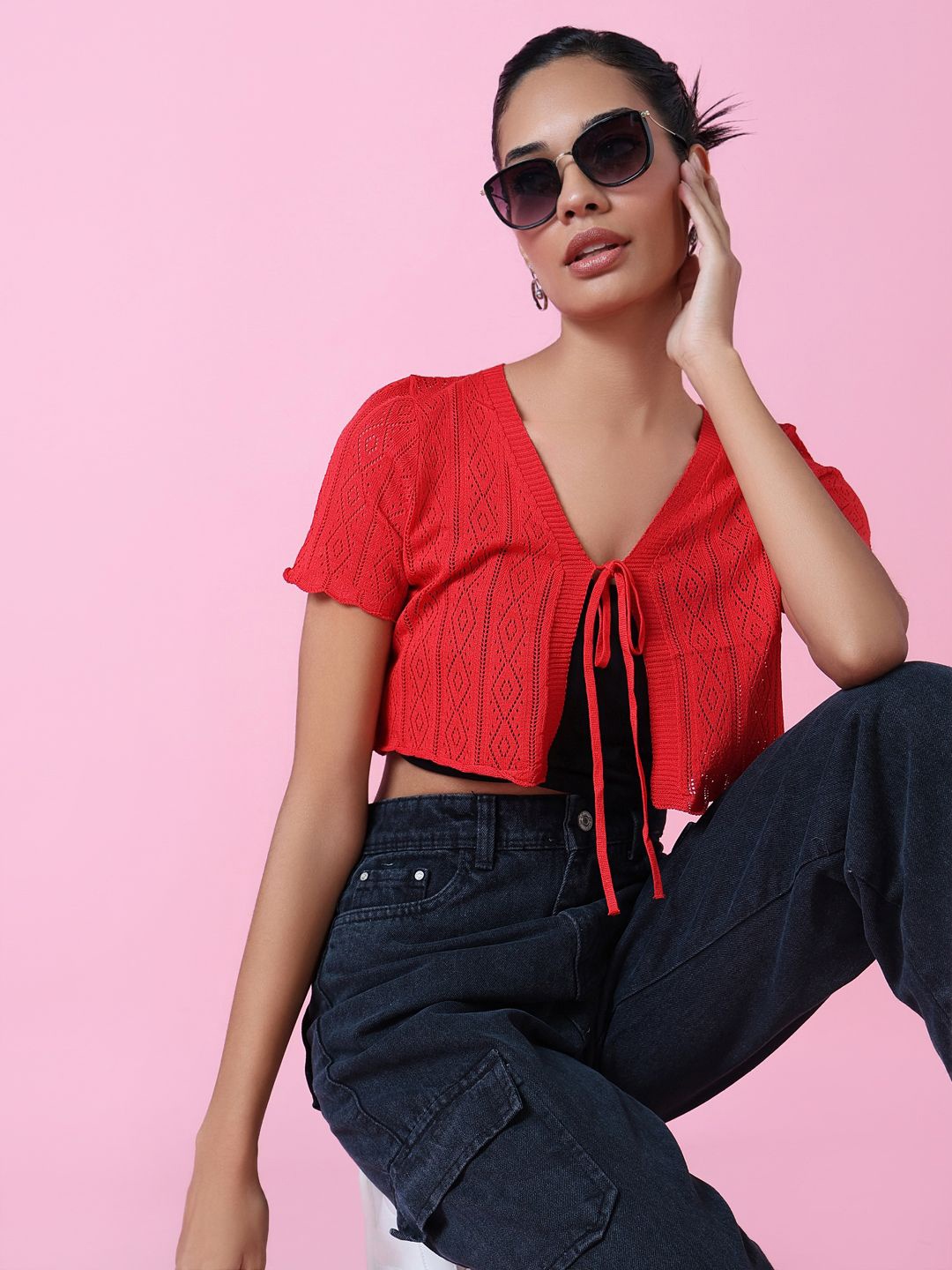 

SHOWOFF Self Design Tie-Up Shrug, Red