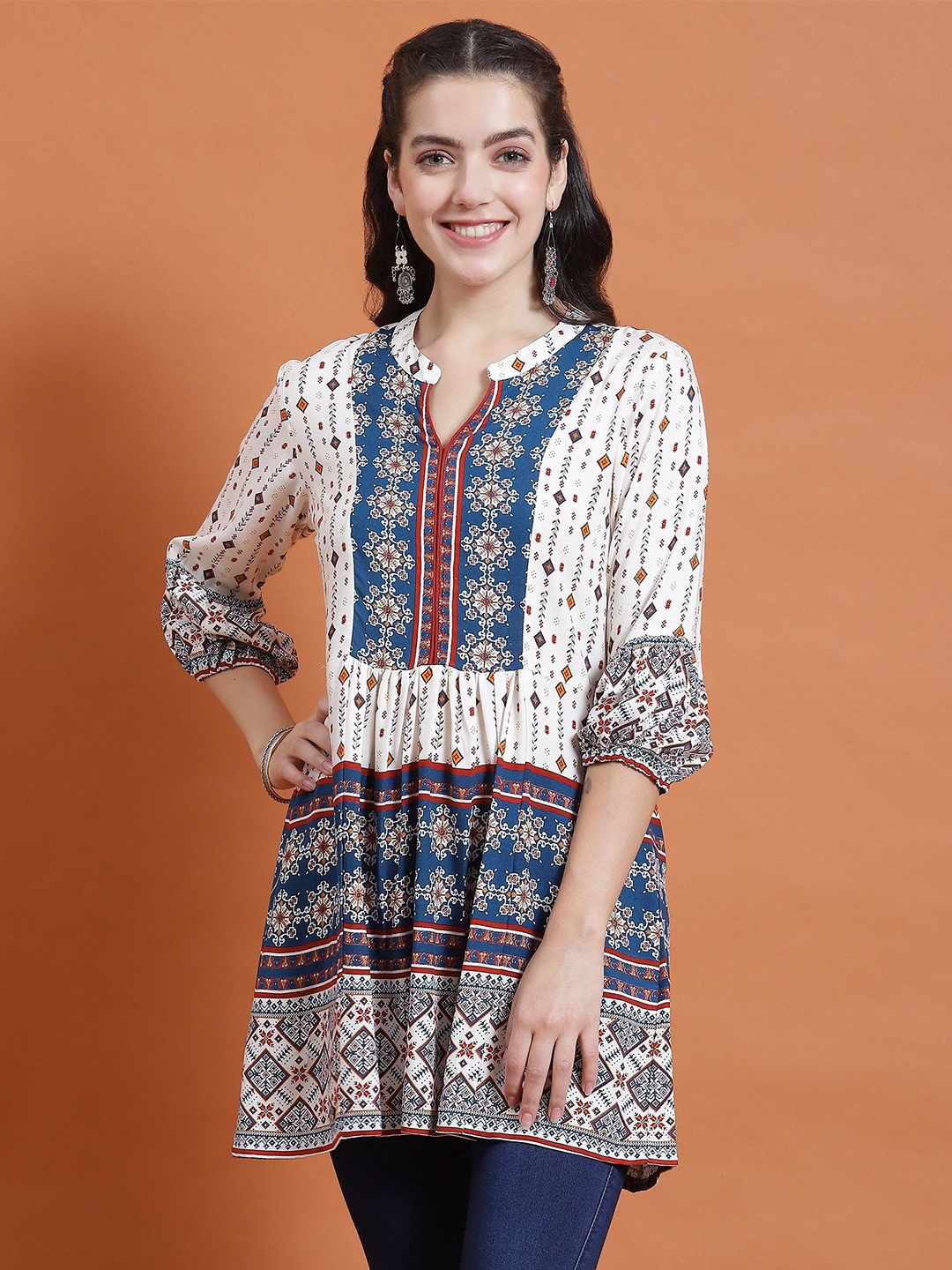 

Shree Liva Mandarin Collar Printed Tunic, Blue