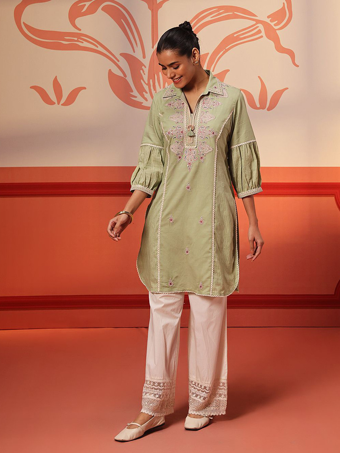 

Lakshita Linen Shirt Collar Embroidered Ethnic Tunic, Green