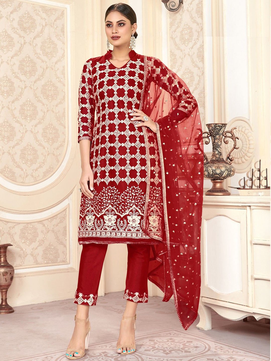 

VARNI FABRICS Embroidered Semi-Stitched Dress Material, Maroon
