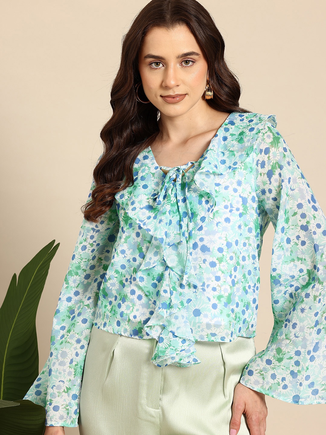 

Mast & Harbour Floral Print Tie-Up Neck Ruffled Top, Green