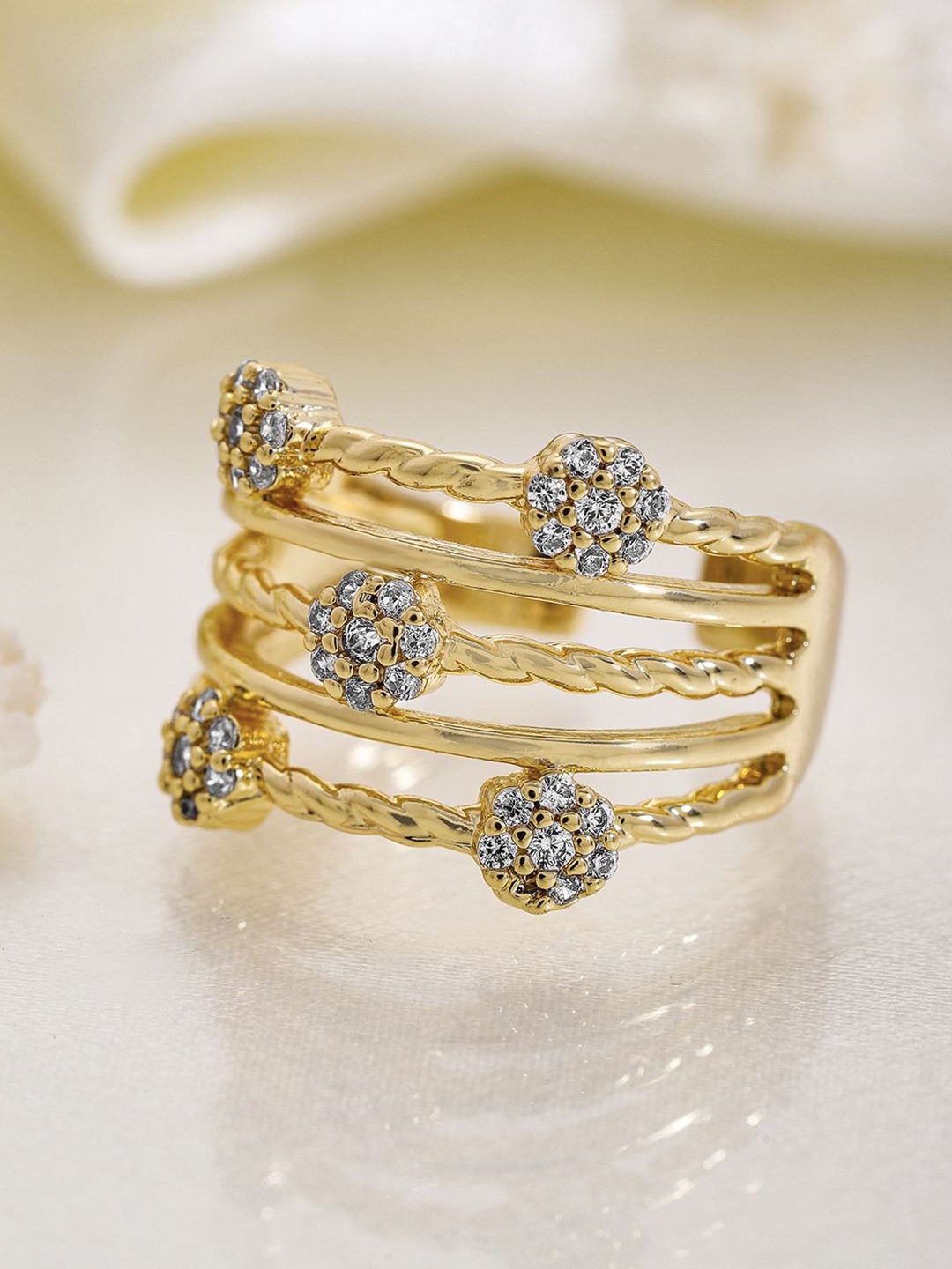 

Rubans 18K Gold Plated MultiLayered Cubic Zirconia Studded Floral Adjustable Finger Ring