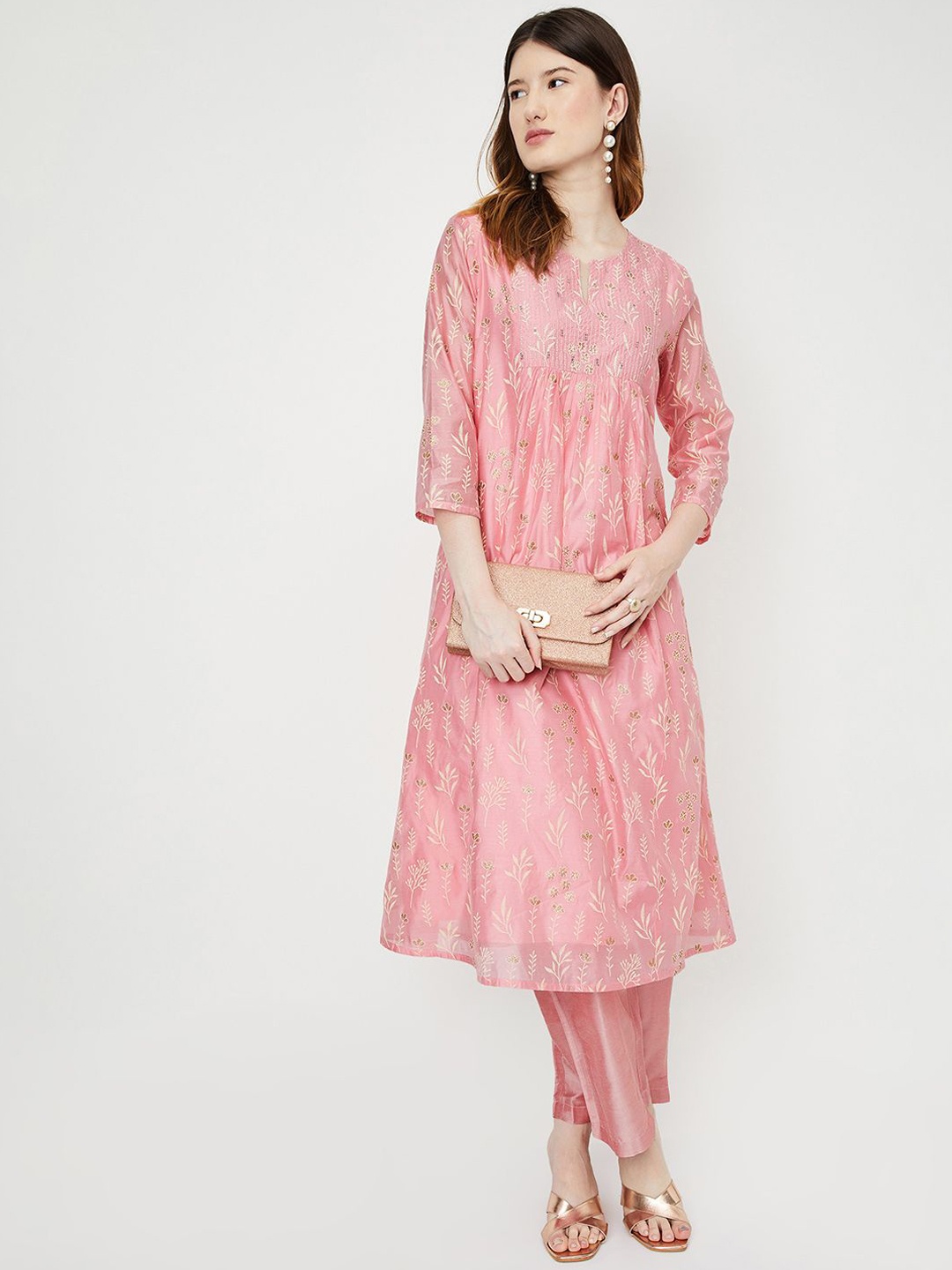 

max Floral Embroidered Notch Neck Cotton Sequinned A-Line Kurta, Pink