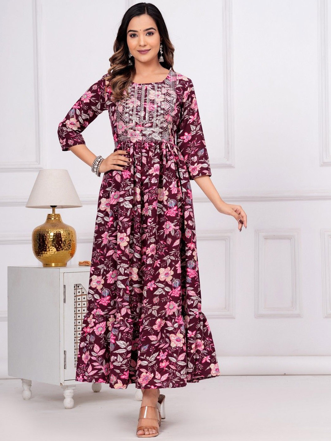 

OKD Empires Floral Embroidered Thread Work Fit & Flare Ethnic Dress, Purple